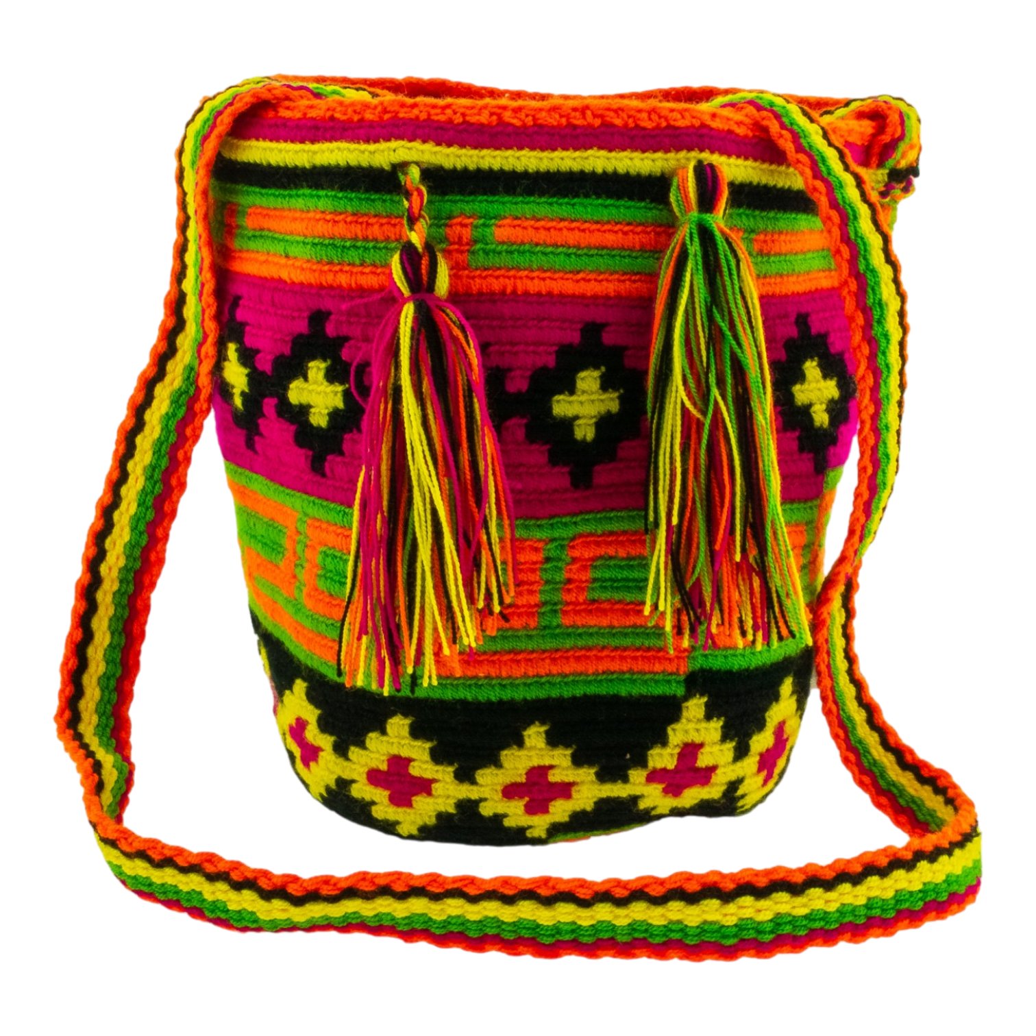 Mochila Wayúu Magenta, Verde y Negro — Motivo de Cruces Tejido a Mano