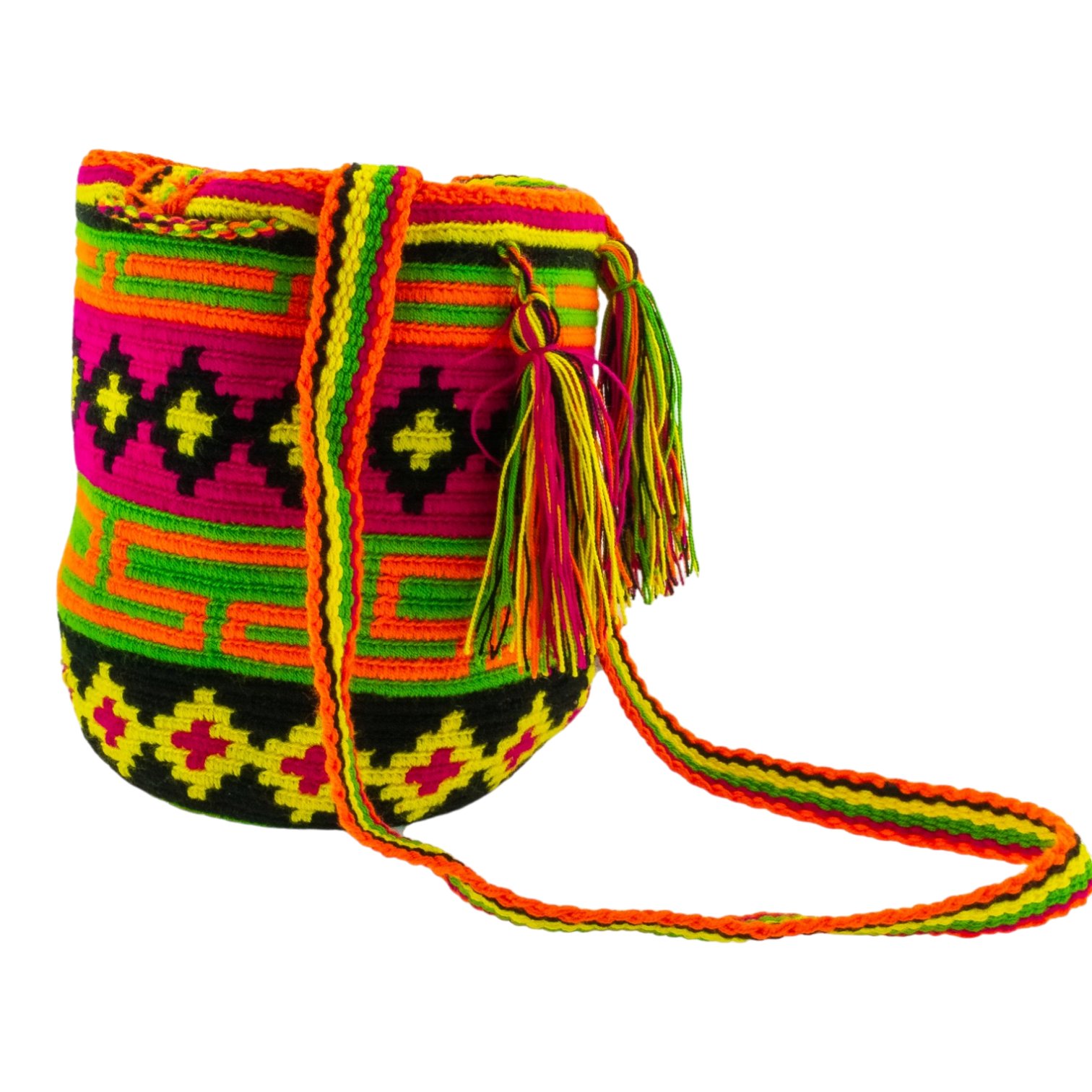 Mochila Wayúu Magenta, Verde y Negro — Motivo de Cruces Tejido a Mano - Imagen 2