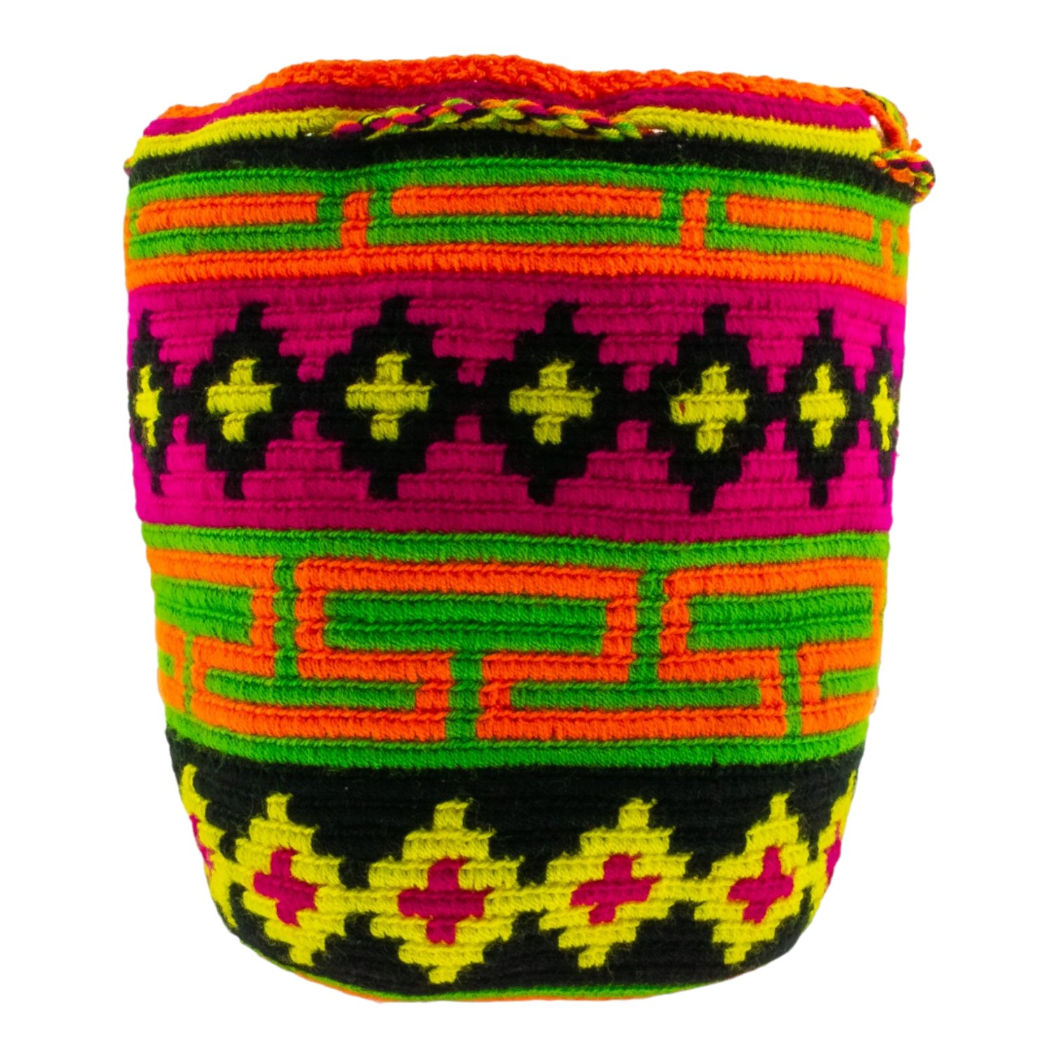Mochila Wayúu Magenta, Verde y Negro — Motivo de Cruces Tejido a Mano - Imagen 3
